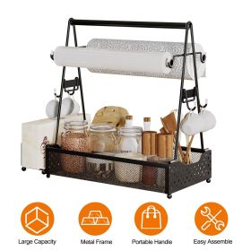 Outdoor BBQ Grill Caddy, Multi-Compartment Metal Utensil Storage Organizer with Paper Towel Holders, Side Hooks and Basket for Camping