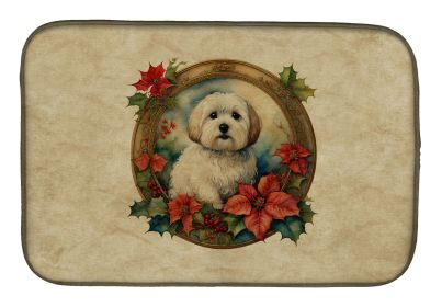 Coton De Tulear Christmas Flowers Dish Drying Mat Absorbent Dish Drying Mat Pad for Kitchen Counter Dish Drainer Mat for Countertop, 14 x 21"