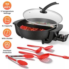 6L Electric Hot Pot with Divider 1100W Dual-Flavor Pot Shabu Shabu Pot Non-Stick with 5-Temp Control for Shabu Shabu Fondue Perfect for Family Ga (Option: Black)