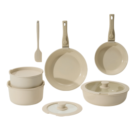 12pcs Camping Cookware Set, 2 Colors Nonstick Pots And Pans, PFAS-Free Ceramic Coating, Space-Saving Detachable Handle, Campfire & Induction Safe (Color: beige)