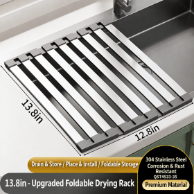 304 Stainless Steel Foldable Over Sink Drying Rack, 12.8 in Wide, 13.8/17.7/21.7 in Length, Roll Up Dish Drainer (size: 12.8*13.8in)