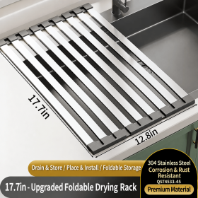 304 Stainless Steel Foldable Over Sink Drying Rack, 12.8 in Wide, 13.8/17.7/21.7 in Length, Roll Up Dish Drainer (size: 12.8*17.7in)