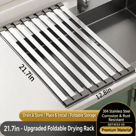 304 Stainless Steel Foldable Over Sink Drying Rack, 12.8 in Wide, 13.8/17.7/21.7 in Length, Roll Up Dish Drainer (size: 12.8*21.7in)